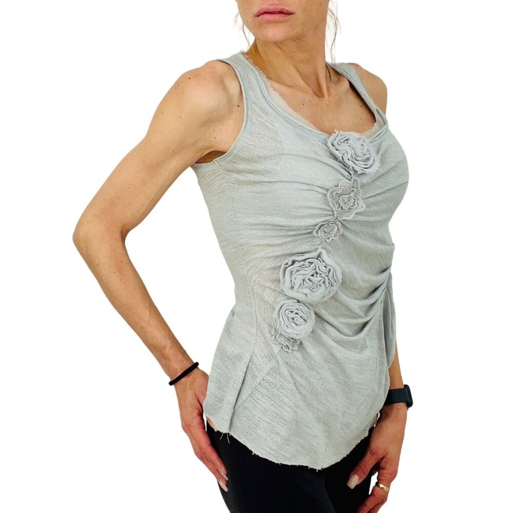 Metallic Shimmer Light Gray With Rosette Detail Scoop Neck Top